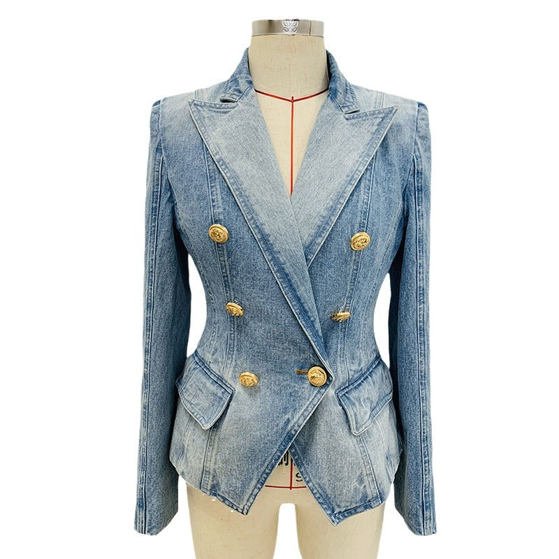 Trendy Double-Breasted Denim Blazer With Lion Button