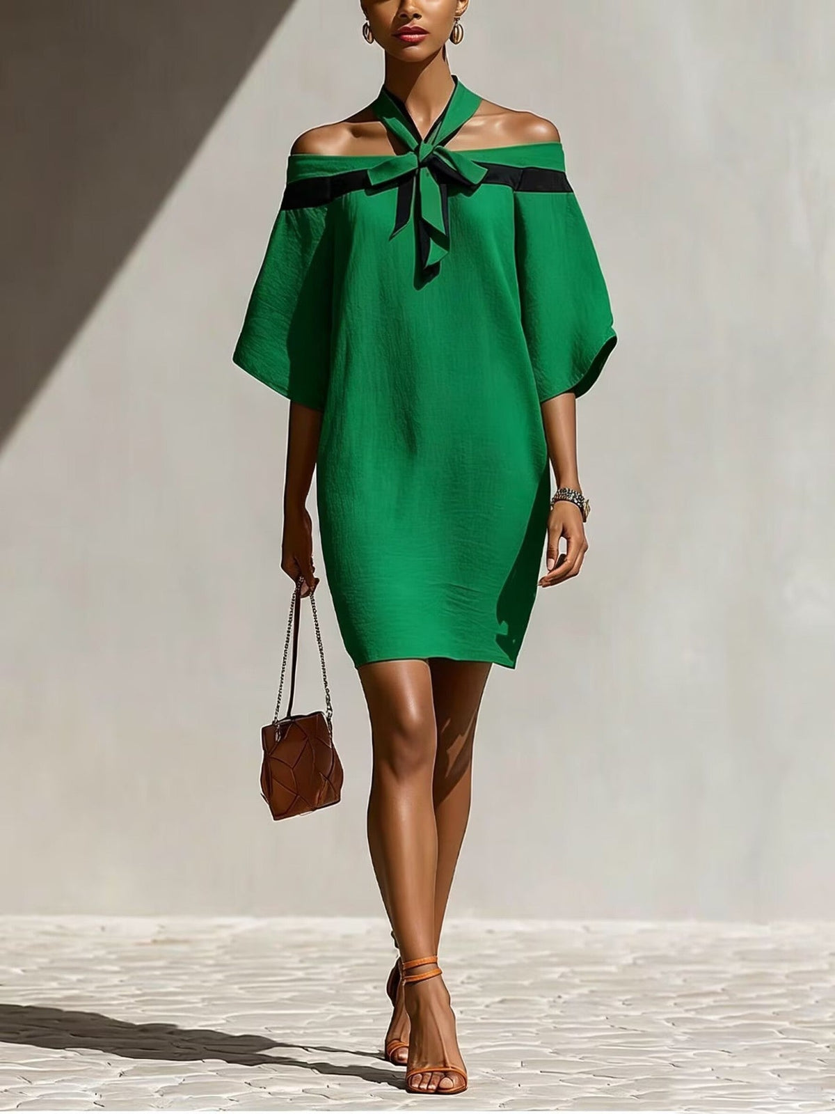 Contrast Halter Tie Off Shoulder Loose Mini Tunic Dress