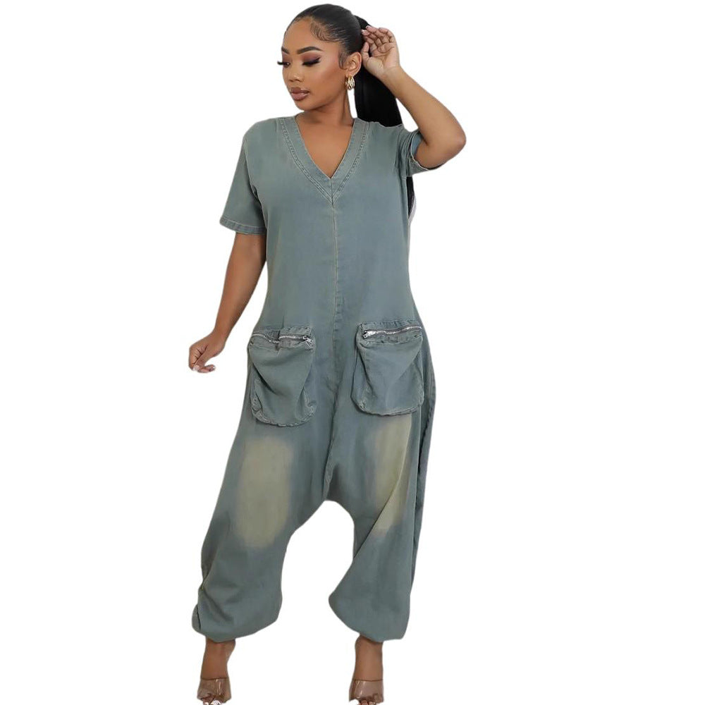Trendy Women'S Loose Fit Denim Jumpsuit With Pockets