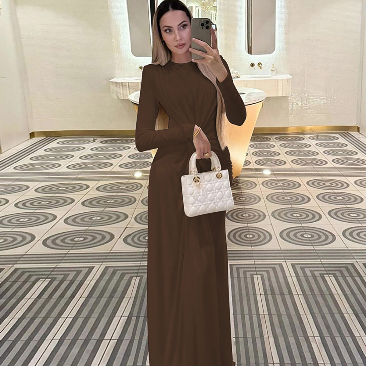 Elegant Long Sleeve Dress with Round Neck