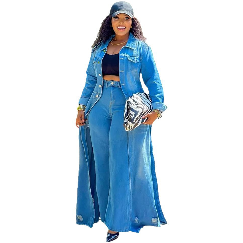 Casual Oversized Denim Long Coat With Button Closure