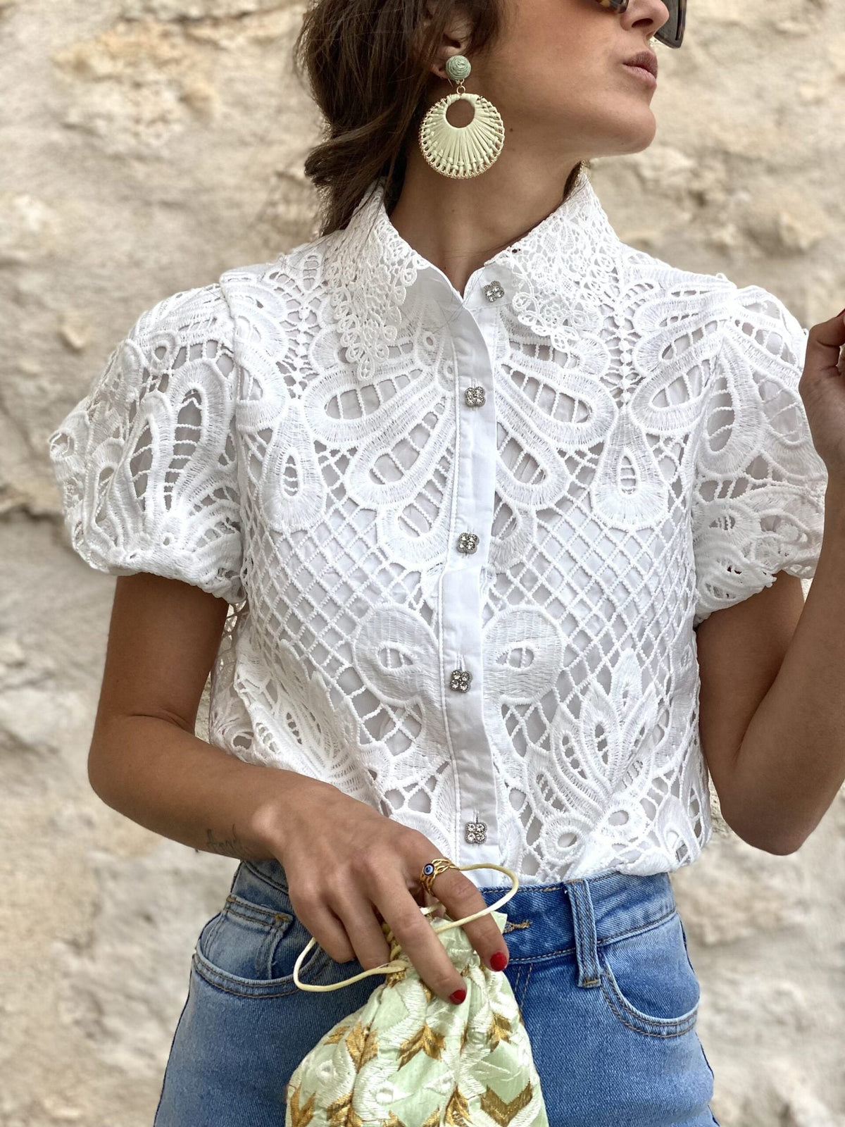 Lace Trim Cardigan Blouse with Puff Sleeves