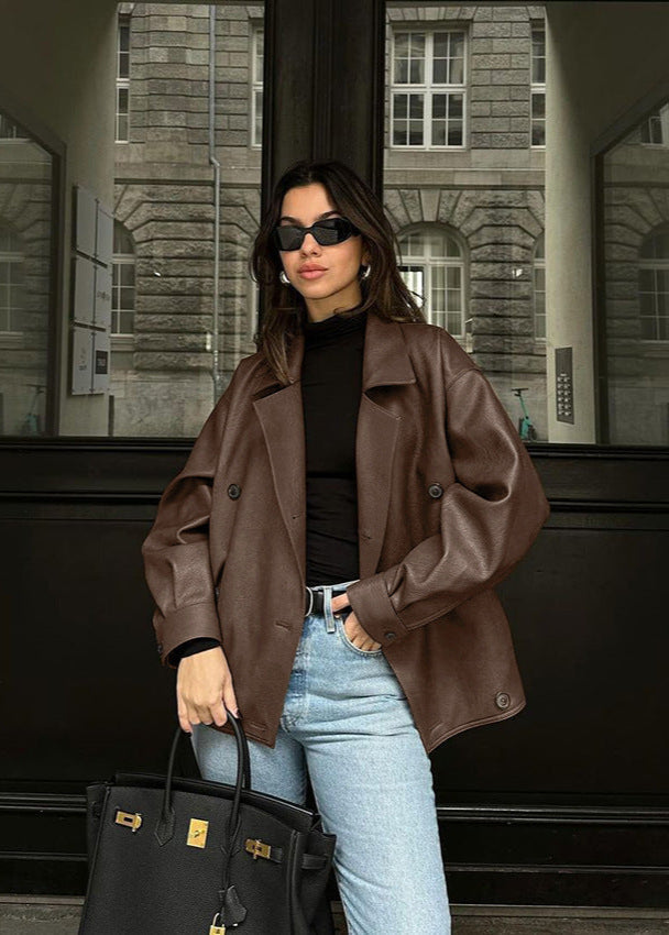 Oversized Double Breasted Jacket Brown High Quality