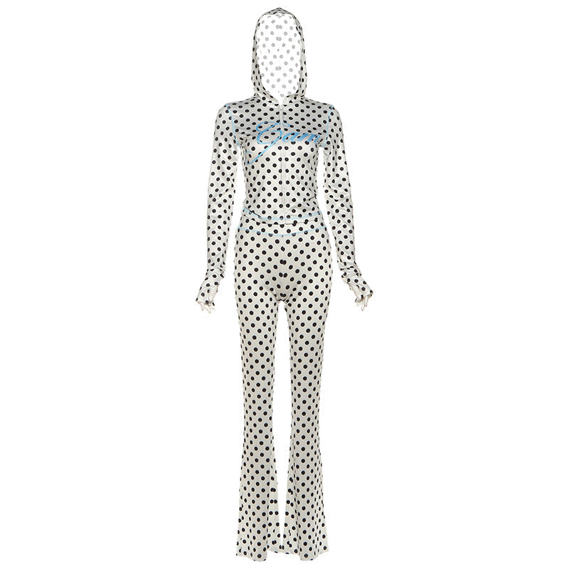 Dot Letter Print Hooded Crop Top And Long Pants Set