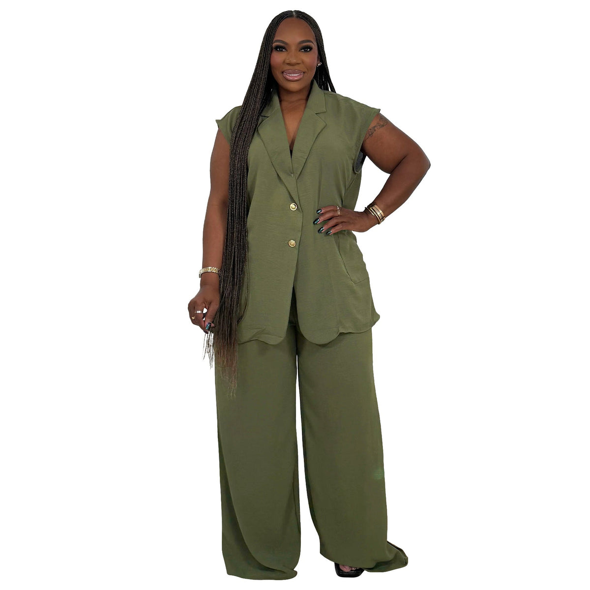 Plus Size V-Neck Sleeveless Two-Piece Outfit