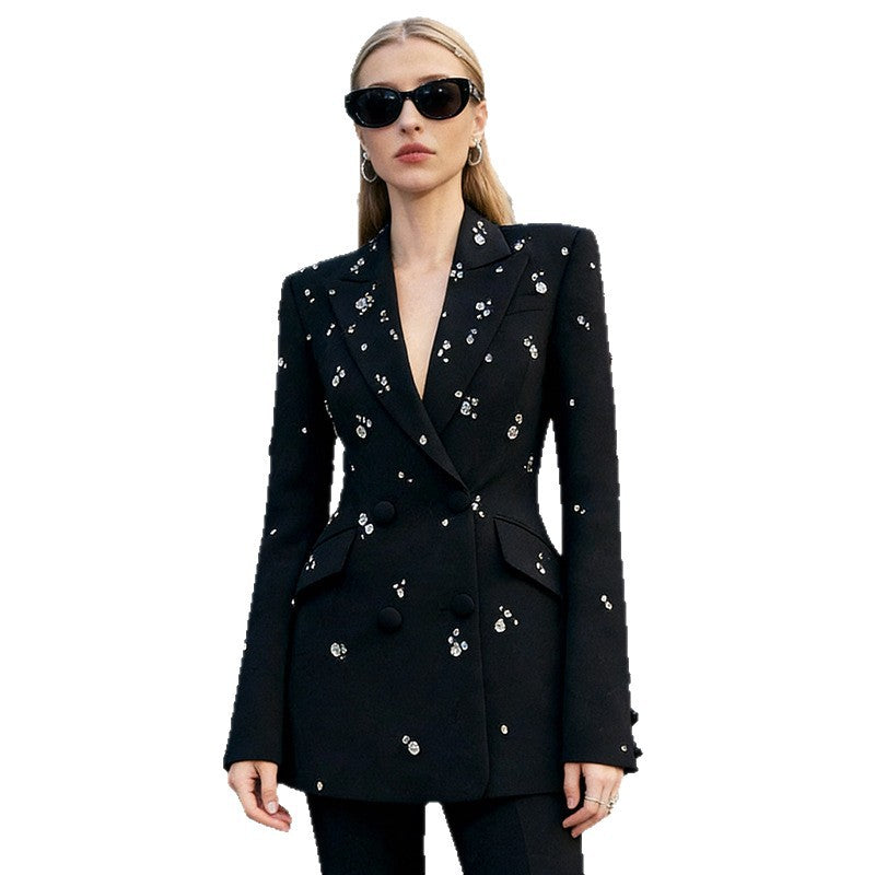 Fashionable Embellished Blazer Pantsuit With Long Sleeves