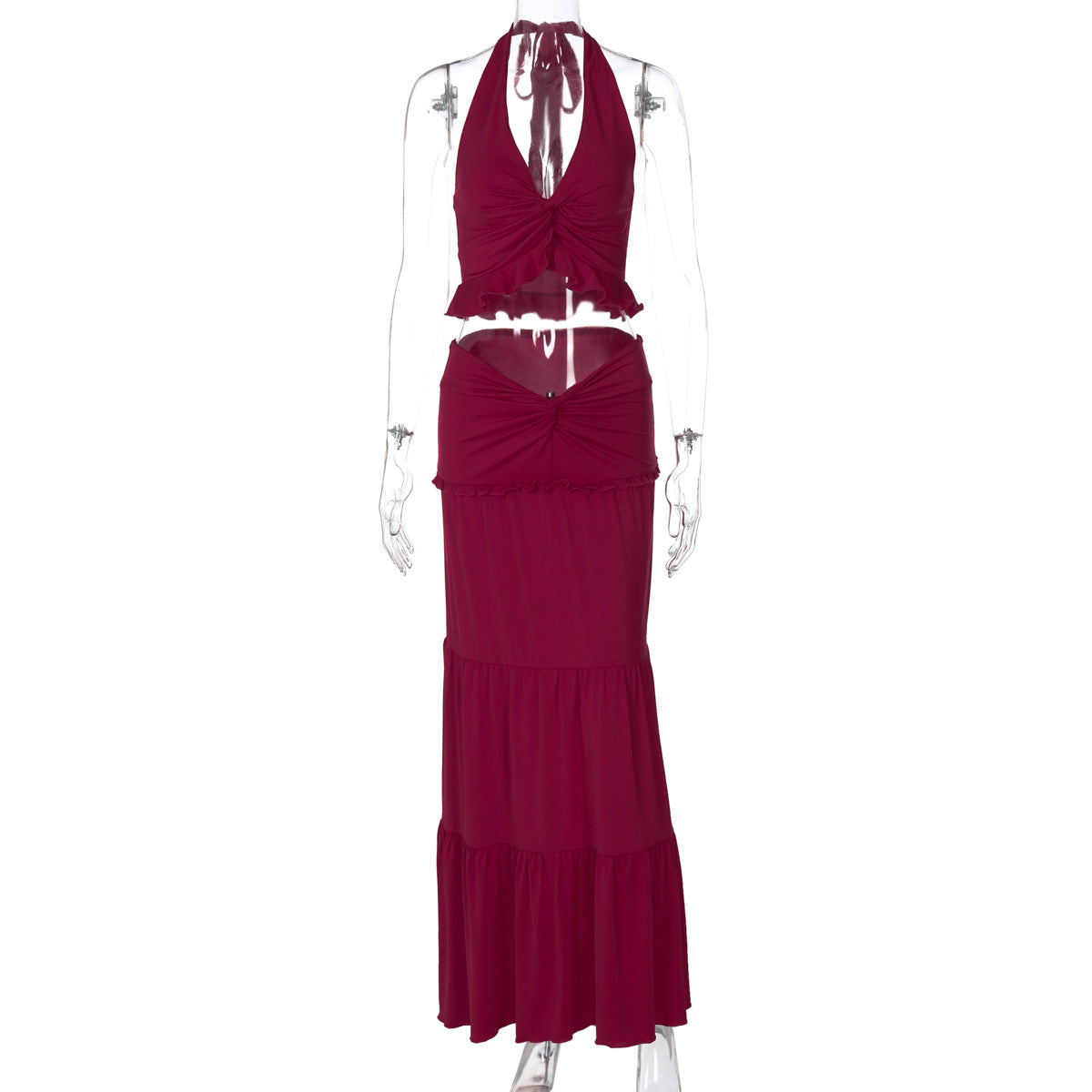 Sexy V-Neck Ruffle Hem Halter Maxi Dress Set