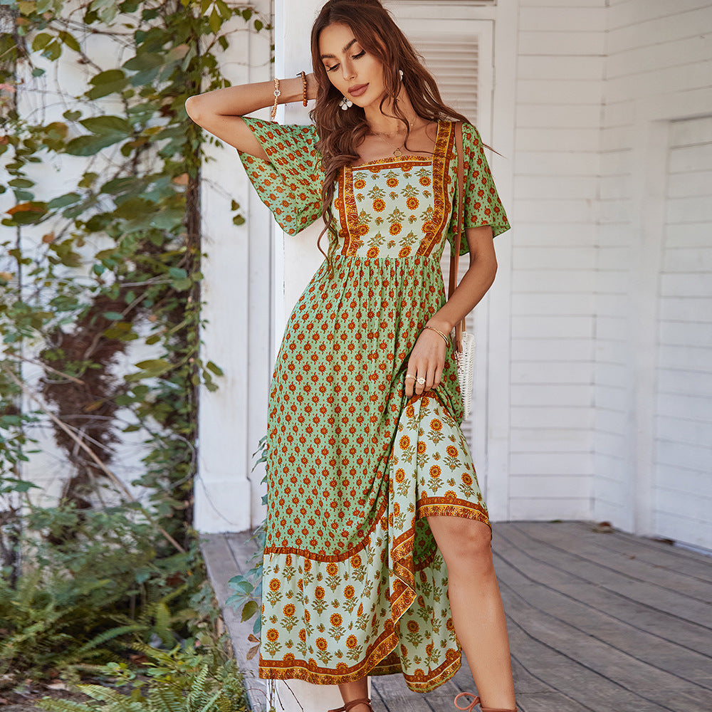 Elegant Floral Printed Maxi Dress with Square Neckline