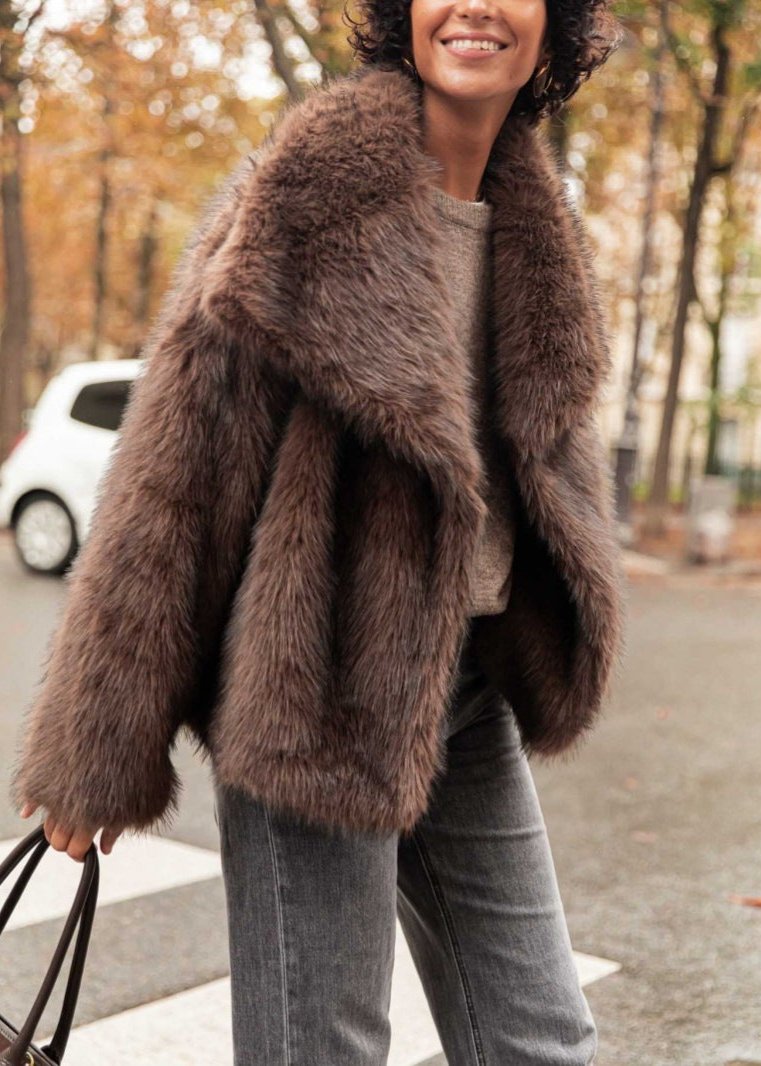 Faux Fur Jacket Plush Texture Dark Brown