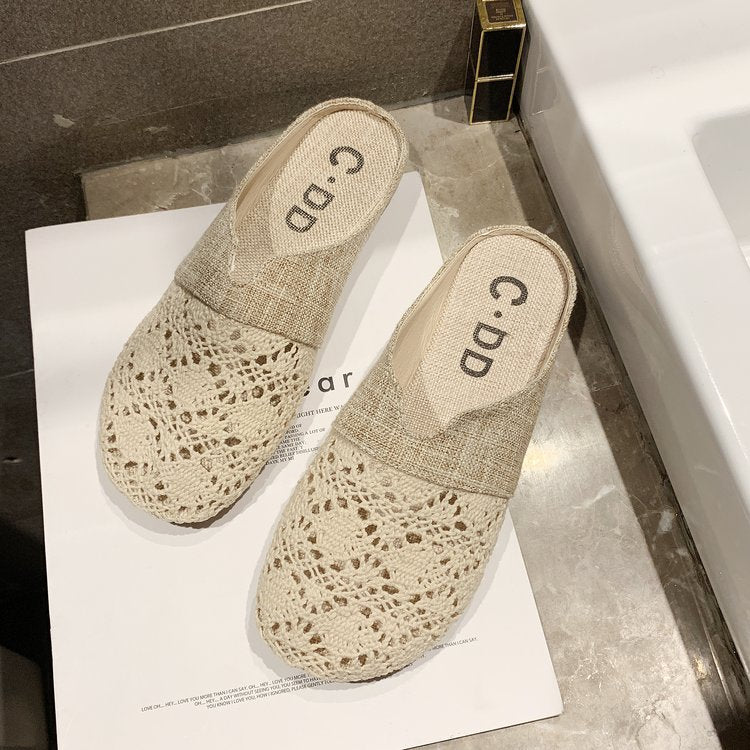 Baotou Slippers Women'S New Summer Fashion Outerwear Mesh Flat Bottomless Lazy Sandals