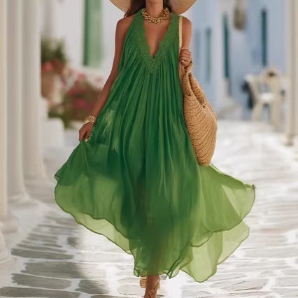 Vibrant Green Crochet Lace Halter Sheer Chiffon Flow Maxi Kaftan Dress