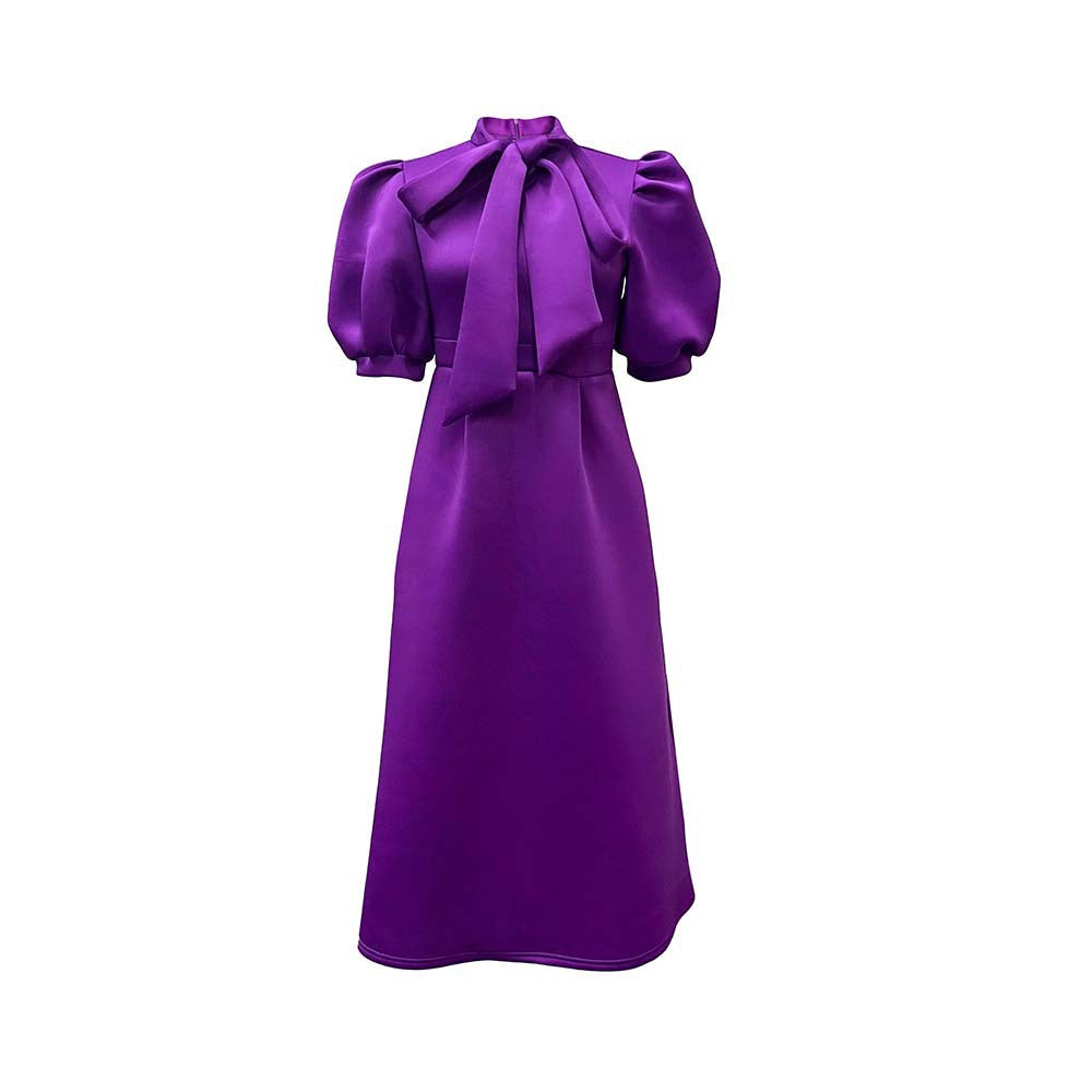 Elegant Solid Color Midi Dress With Bow Detail