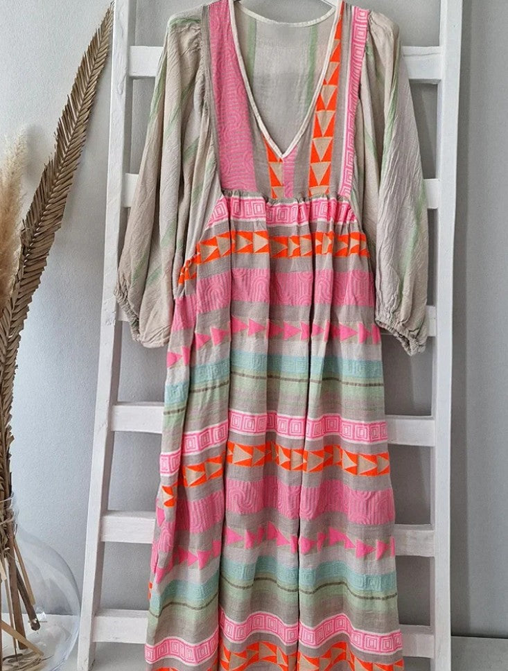 Geometric Block Bohemian Ruffle Patchwork Half-Sleeve Square-Neck Dress
