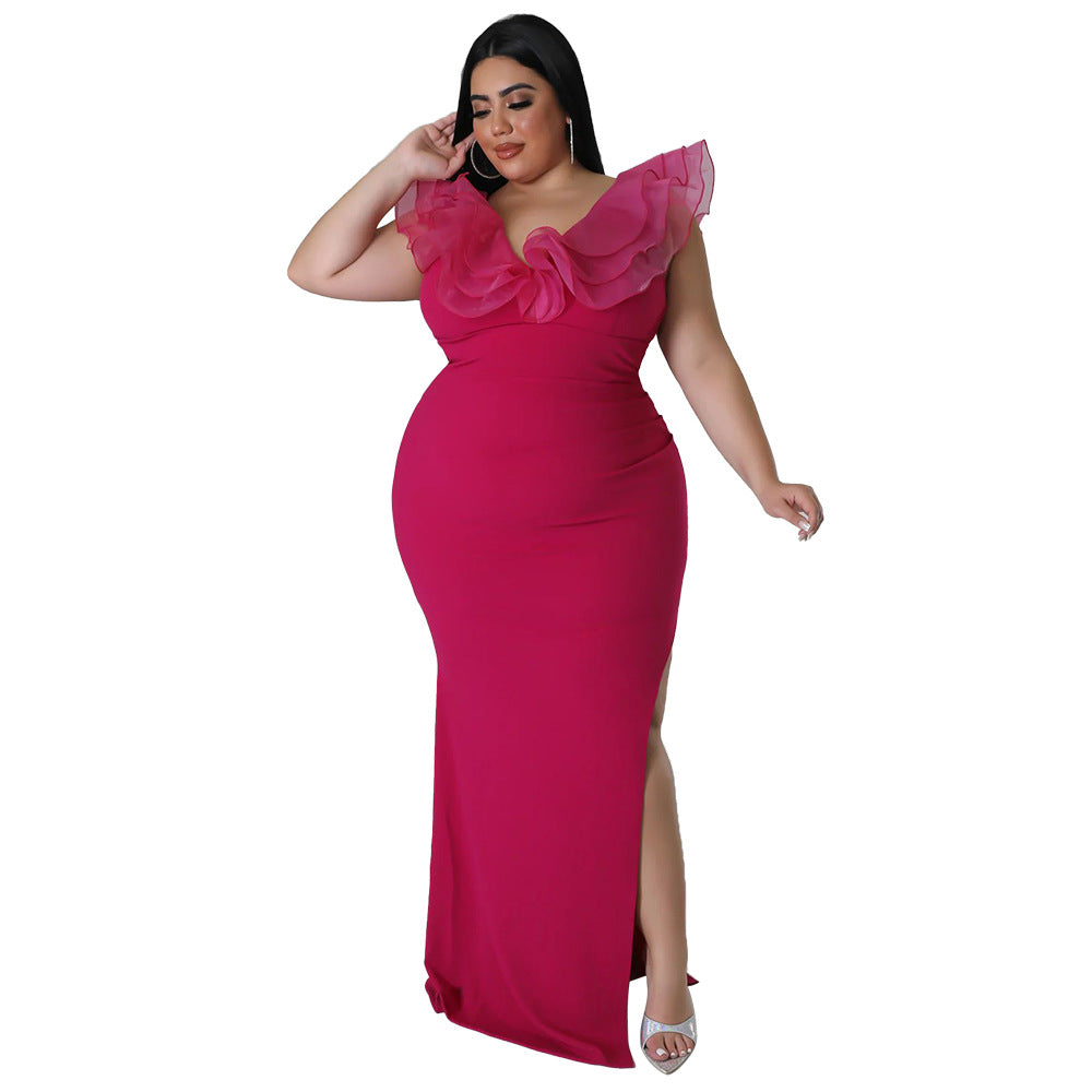 Solid Color Bodycon Dress Elegant V-Neck Long Dress