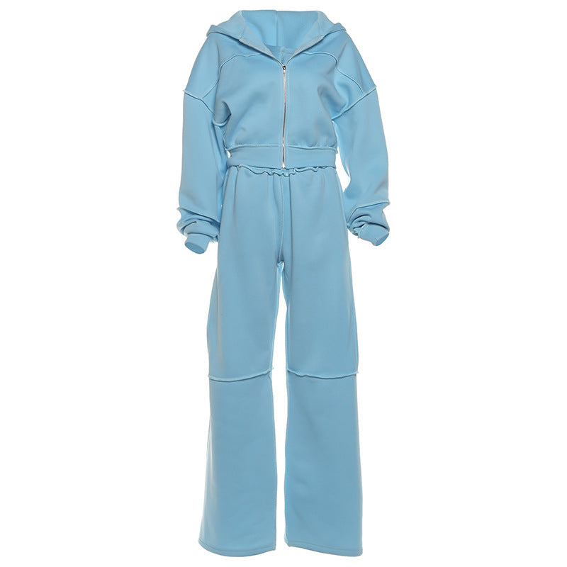 Hooded Long Sleeve Zip-Up Jacket And Loose Trousers Set