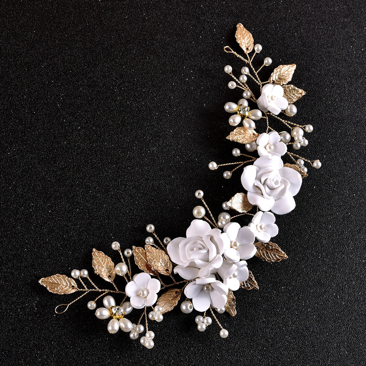 White Soft Clay Flower Headband with Silver Alloy Leaves for Weddings