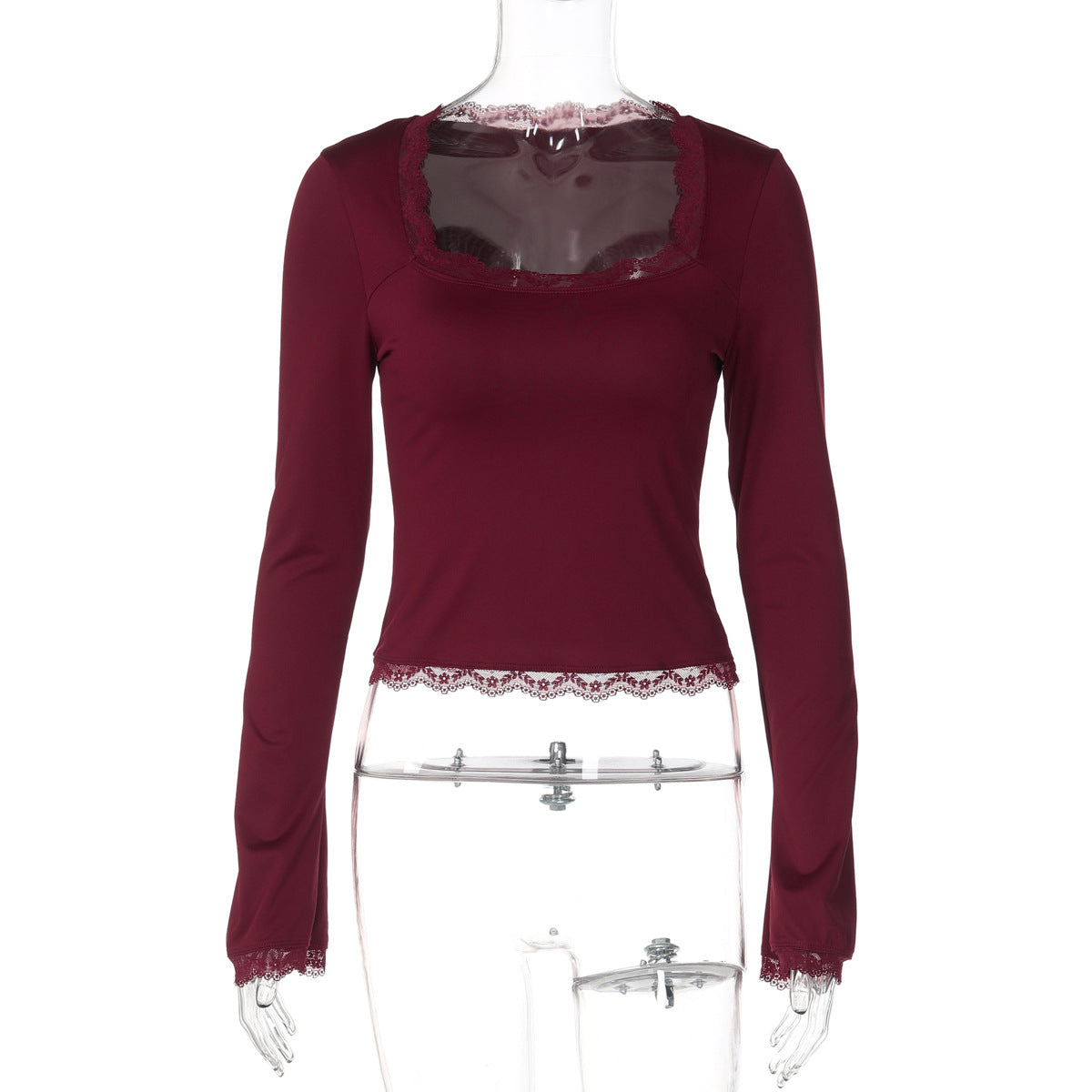 Trendy Lace-Trimmed Square Neck Long Sleeve Slim Fit Top