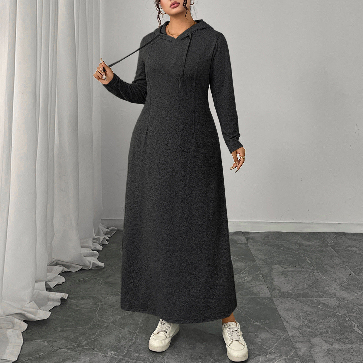 Hooded Gray Dress Elegant Long Sleeve A-Line Dress