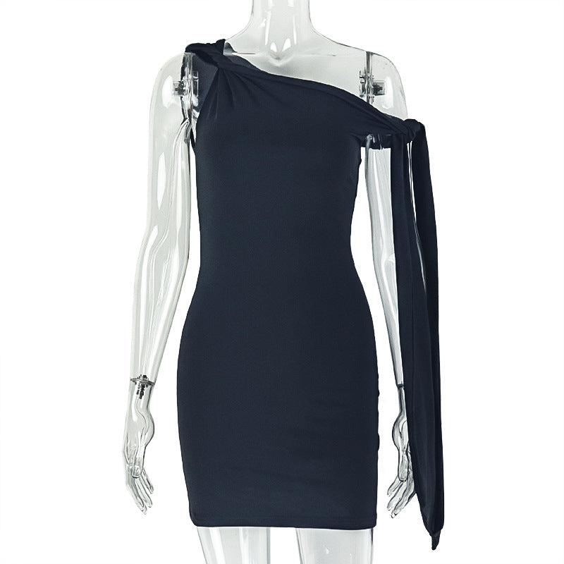 Elegant Slim-Fit Solid Color Dress With Asymmetric Neckline