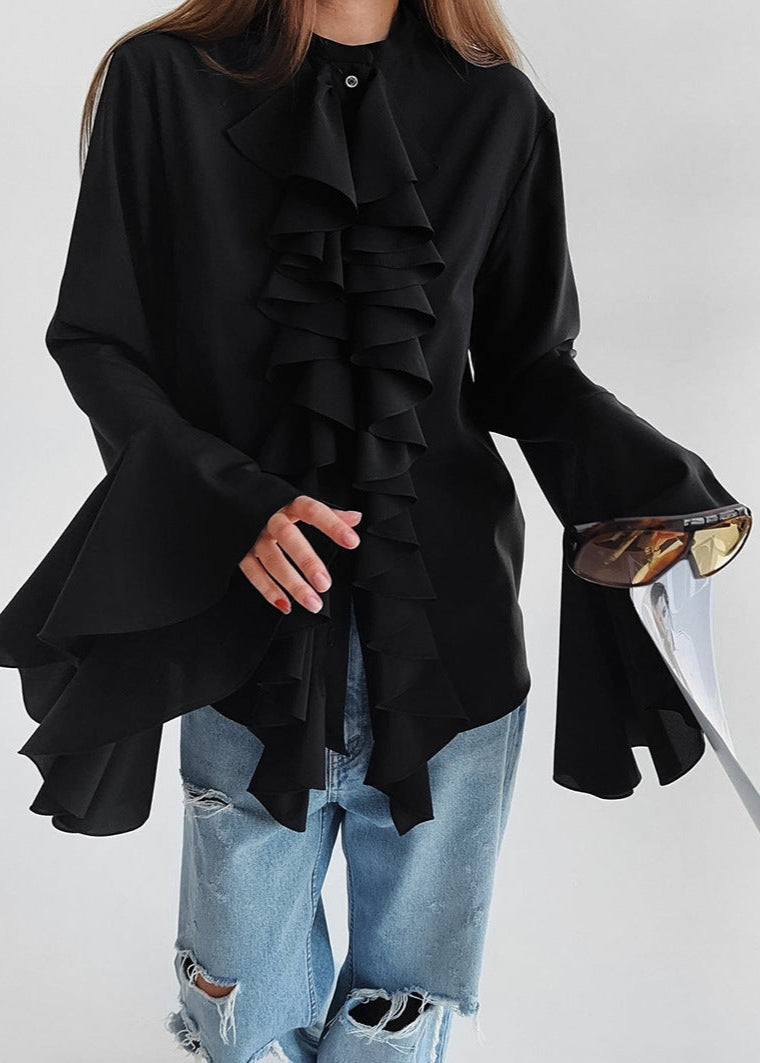 Ruffled Statement Blouse Flowing Black Fabric