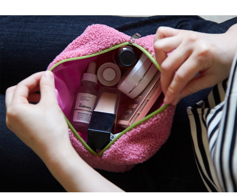 Solid Color Plush Portable Cosmetic Bag