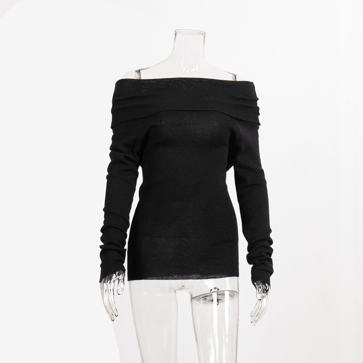 Off-Shoulder Knitted Top Slim Fit Solid Color Long Sleeve Pullover