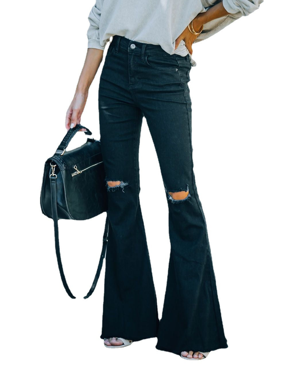 High-Waisted Washed Flare Jeans Trendy Casual Pants