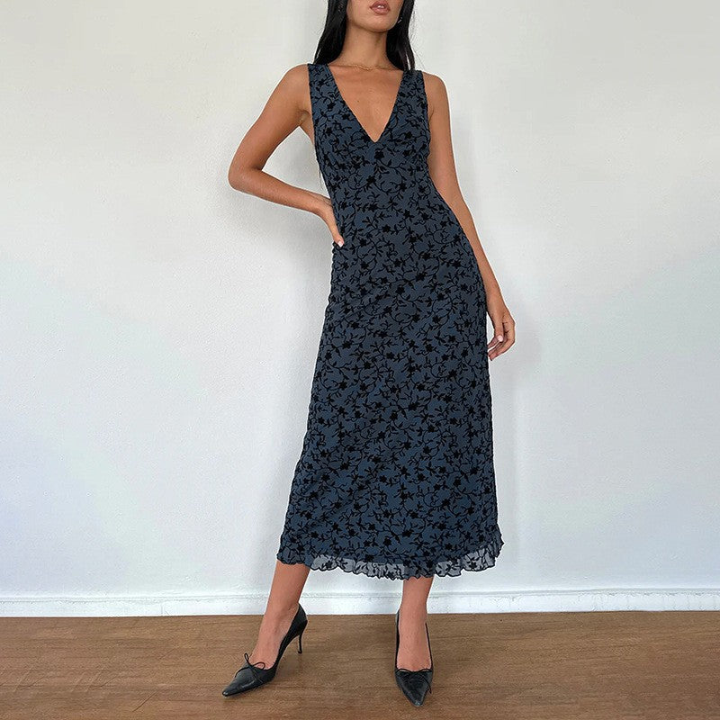 V-Neck Floral Midi Dress Slim Fit Polyester Casual