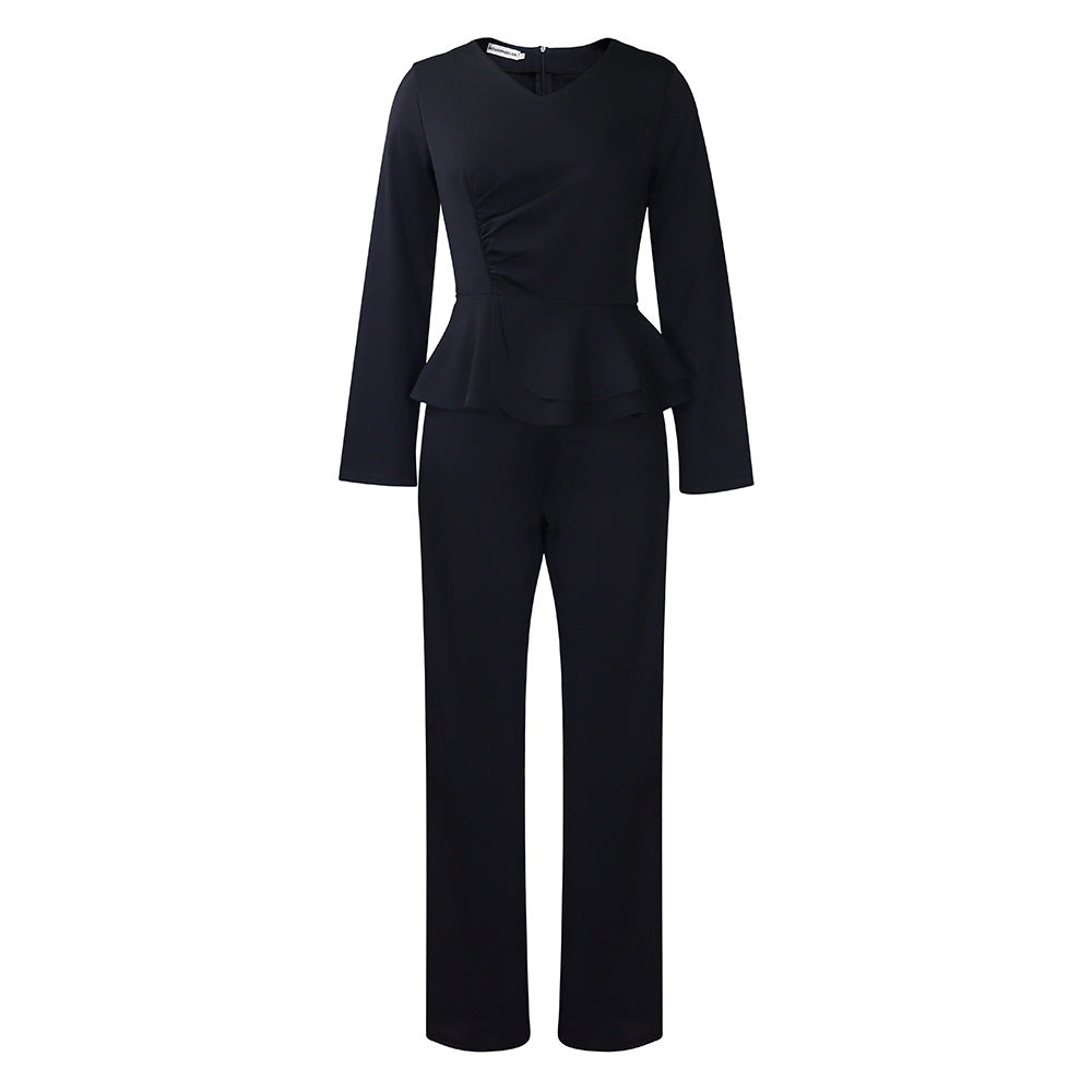 Elegant Ruffled V-Neck Top And Pants Set