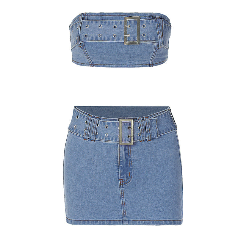 Stylish Slim-Fit Denim Crop Top and Skirt Set