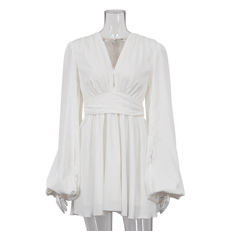 French Puff Sleeve V-Neck Mini Dress