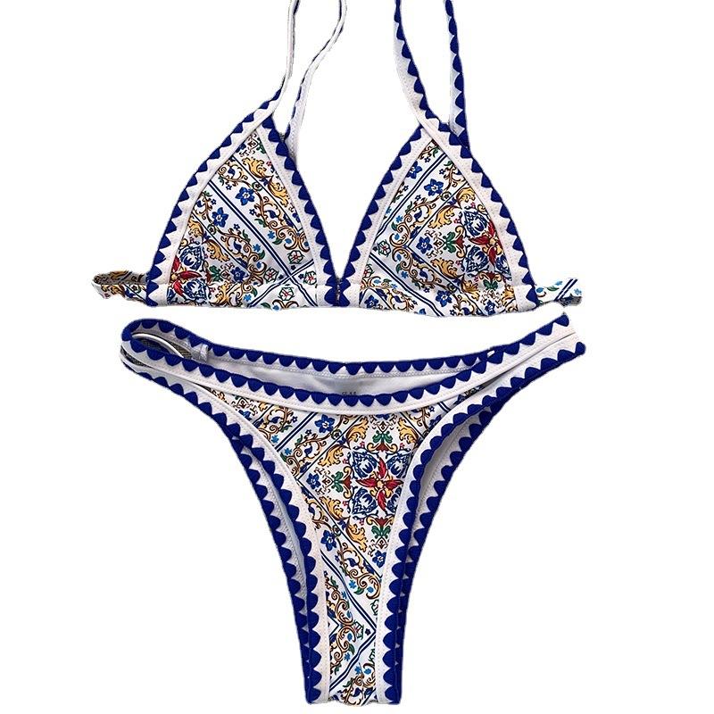 Blue Print Swimsuit Sexy Crocheted Bikini