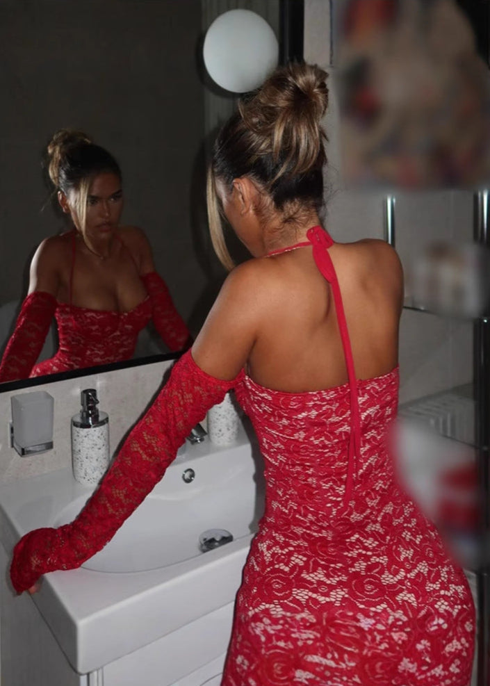 Lace Halter Mini Dress With Sheer Floral Design