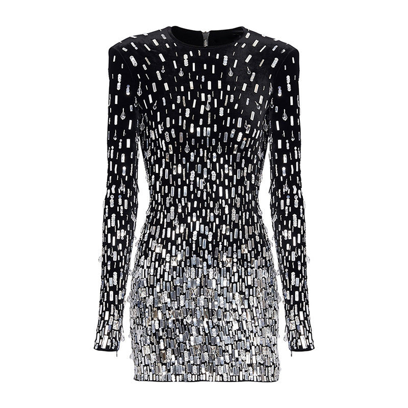 Elegant Black Velvet Sequin Long Sleeve Dress