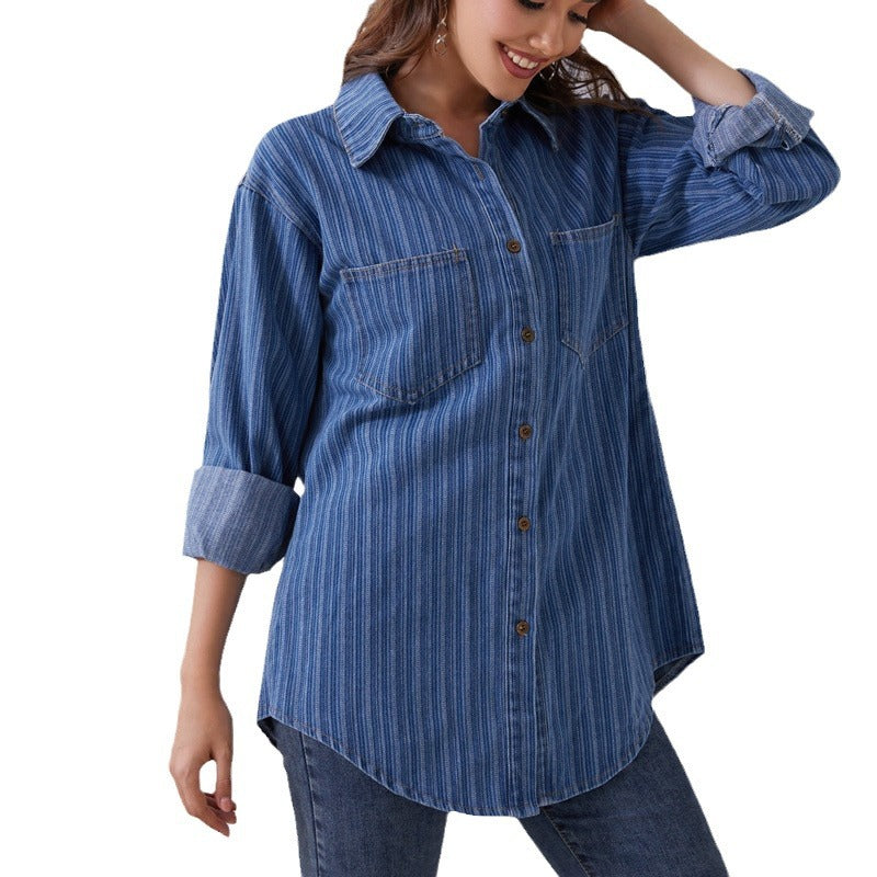 Trendy Casual Women's Denim Shirt with Pockets