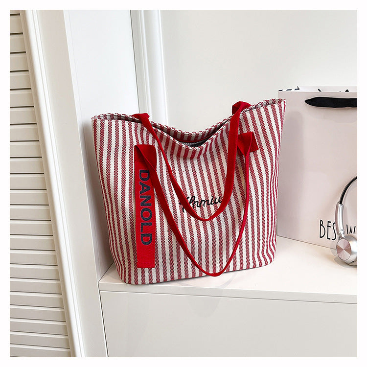 Stylish Stripe Canvas Tote Bag Large Capacity Casual Commuter Bag