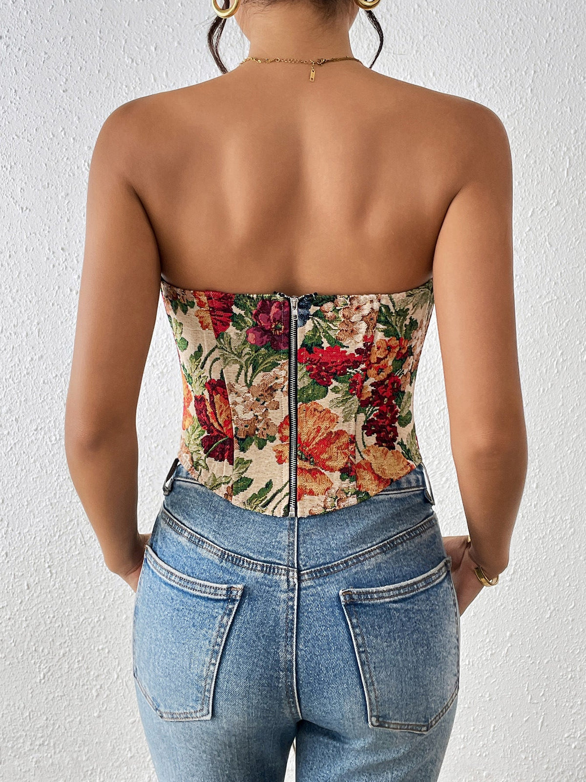 Chic Floral Print Strapless Camisole Top