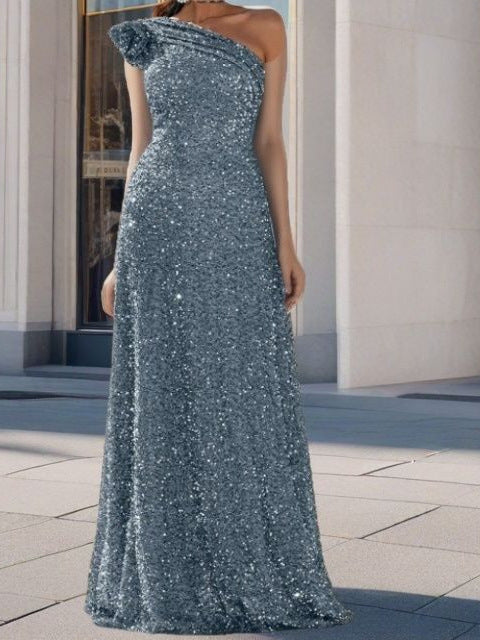 Silver Sequin A-Line Maxi Dress With One Shoulder Design