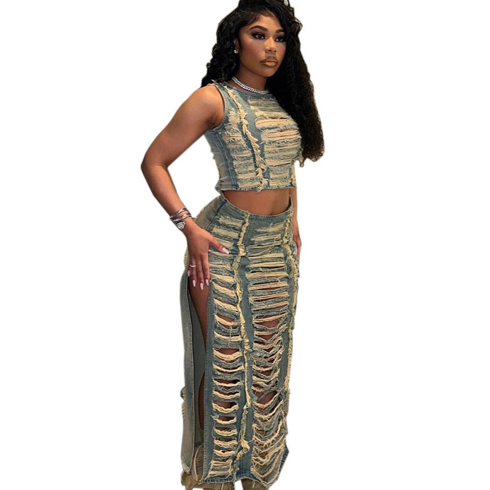 Trendy 3D Patterned Denim Vest And Skirt Set