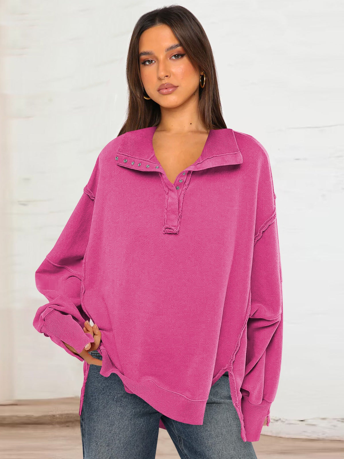 Trendy Casual Polo Neck Sweatshirt with Lantern Sleeves