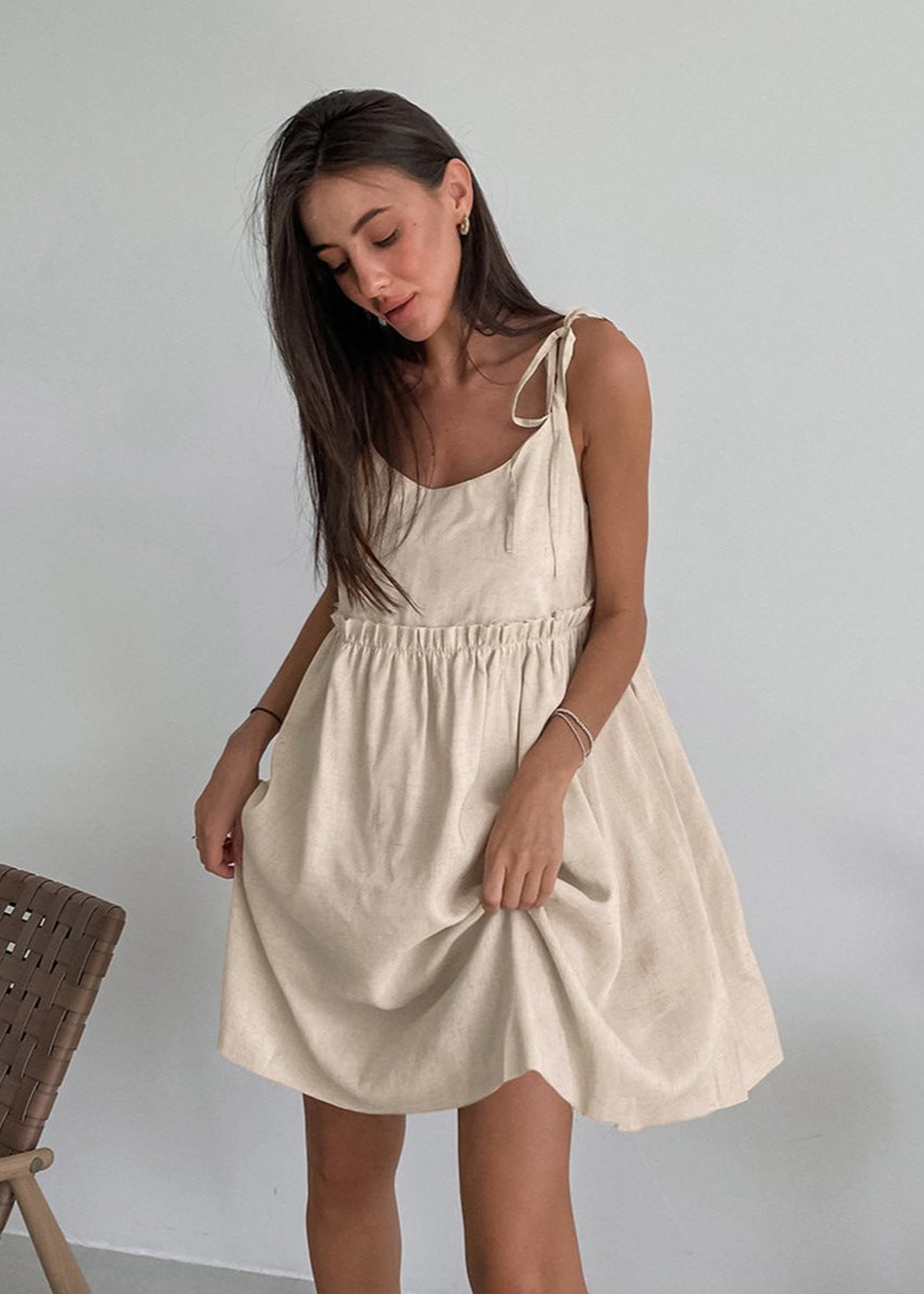 Adjustable Strap Linen Dress With Gathered Waist