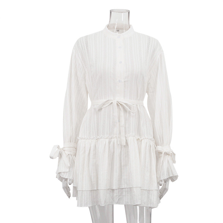 French Collar Ruffled Sleeve Cotton Mini Dress