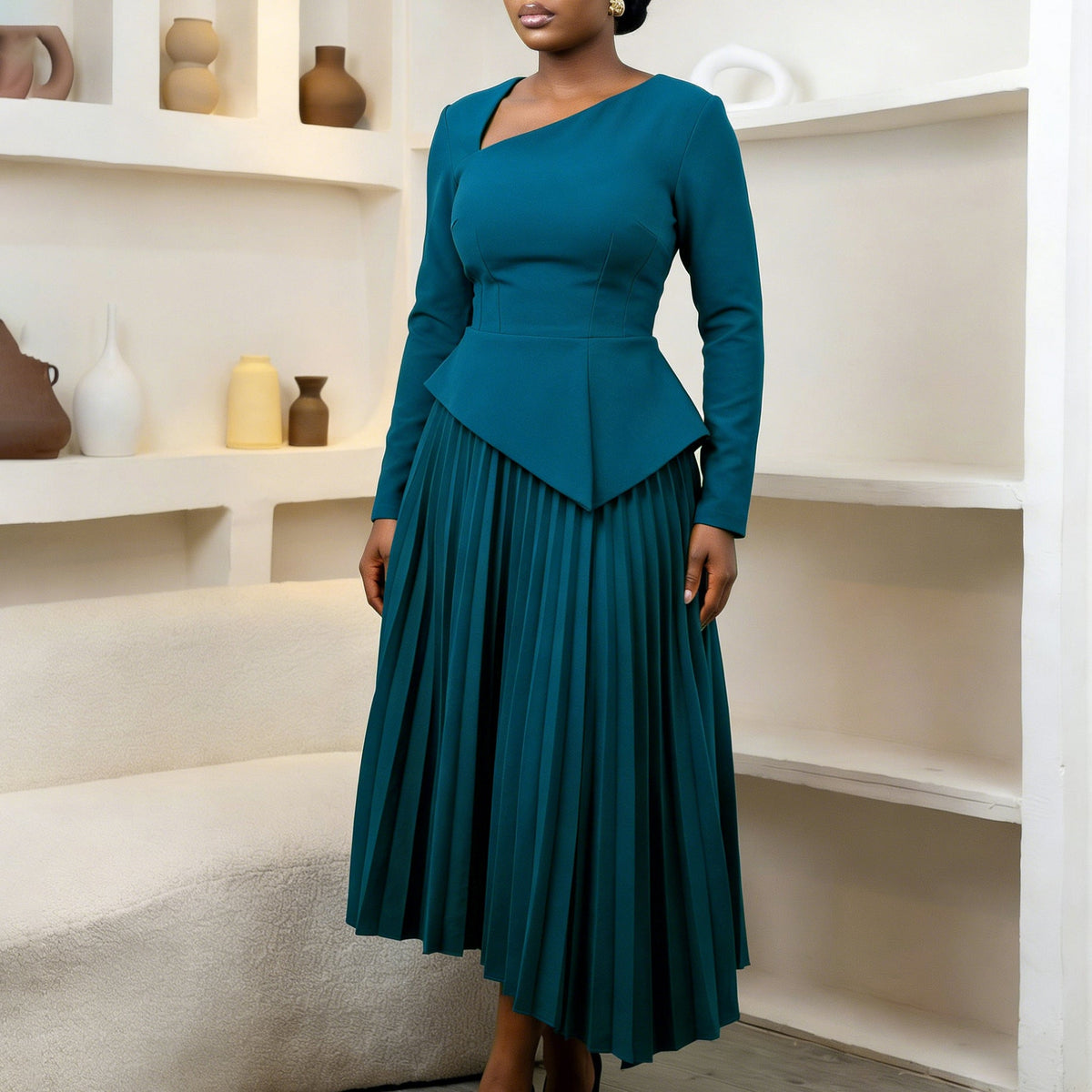 Elegant Off-Shoulder High-Waisted Midi Dress
