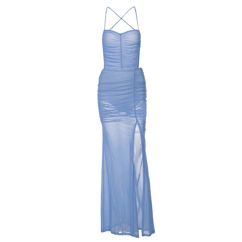 Solid Blue Backless Sling Dress with Split Hem