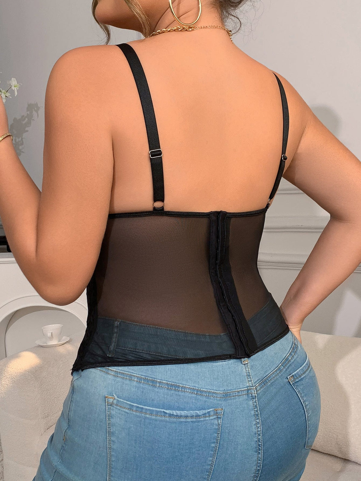 Black Lace Fishbone Underwire Camisole For Plus Size Fashion