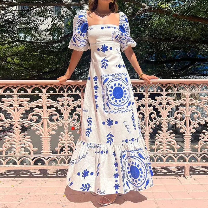 Elegant Floral Print Puff Sleeve Dress