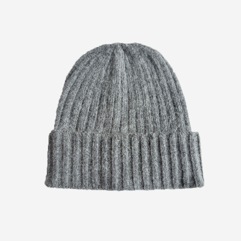 Classic Striped Knit Rabbit Fur Blend Beanie Hat