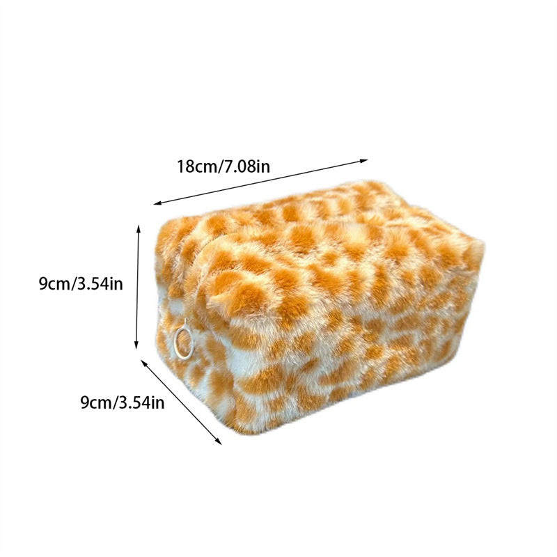 Fuzzy Plush Leopard Print Travel Cosmetic Bag