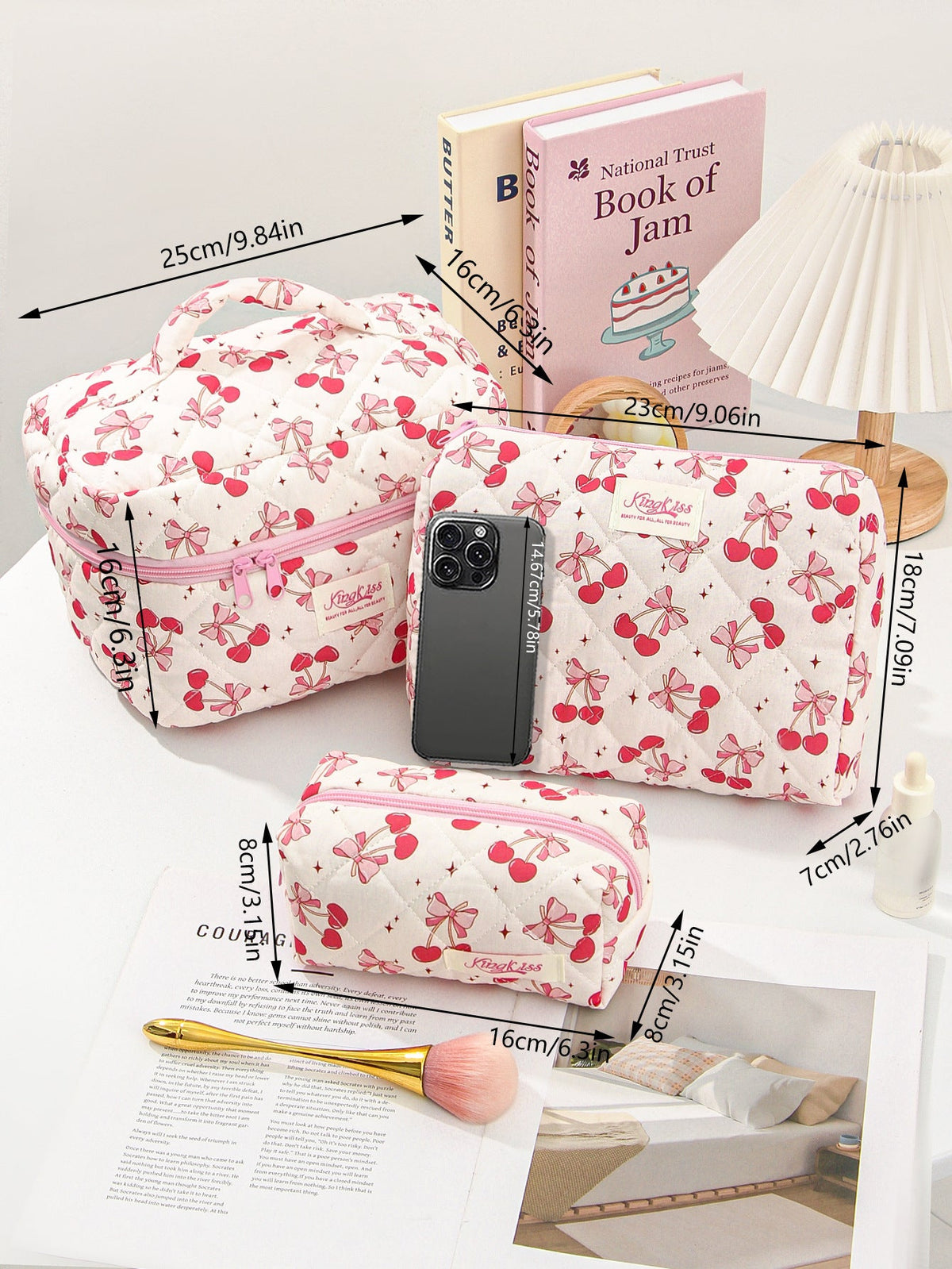 Cute Cherry Bow Print Travel Makeup Bag