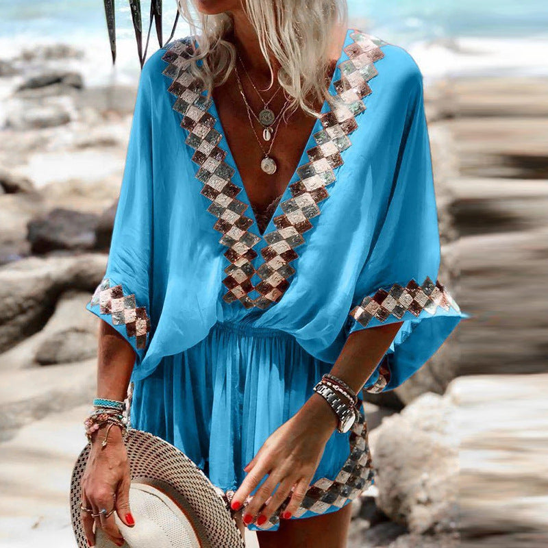 Floral Print Maxi Dress V-Neck Polyester Beachwear